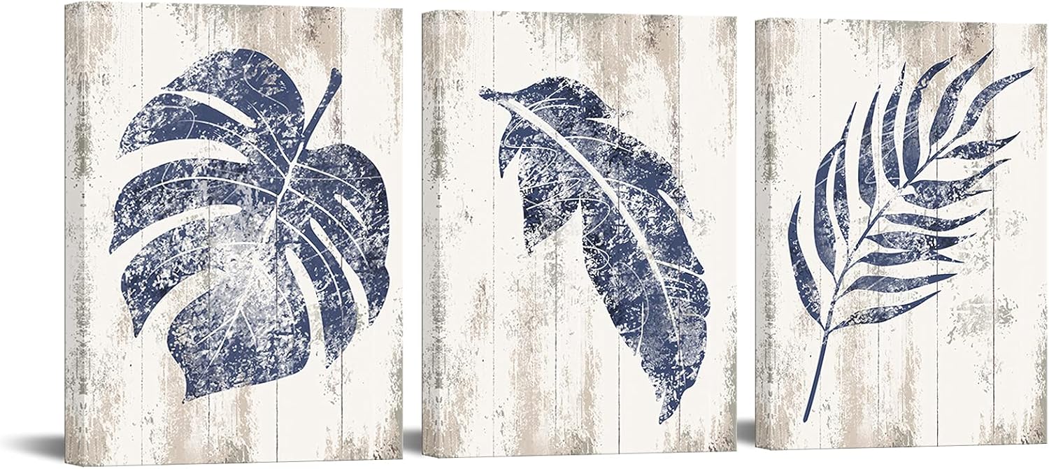 RnnJoile Palm Leaves Pictures Wall Decor Navy Blue Botanical Wall Art Prints on Canvas Rustic Leaf Painting Framed 12x16 Inch x 3Piece
