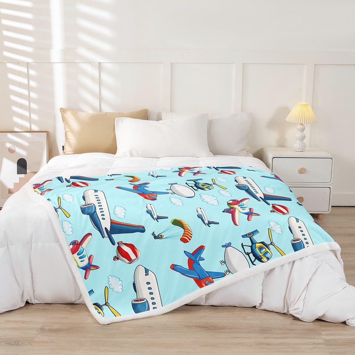 Kids Aircraft Sherpa Plush Blanket - Boys Cartoon Airplane & Helicopter Fleece Throw Blanket - Travel Decor, Fuzzy, Cute Colorful Room Decor - Twin 60x80 Inch