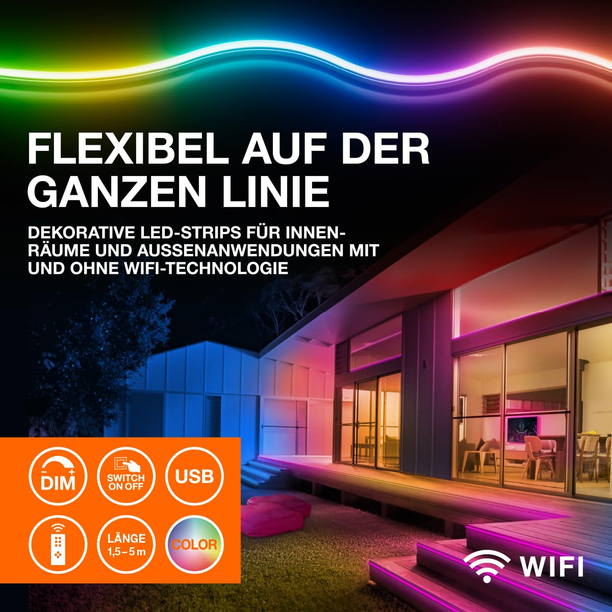 Ledvance LED Lichtschlauch für Innen und Außen, 5 Meter Länge, als Wohnraum- oder Gartenbeleuchtung, flexibel und biegsam, 23W, RGB-Farben per Fernbedienung änderbar, Schutzart IP65, NEON DIGITAL FLEX