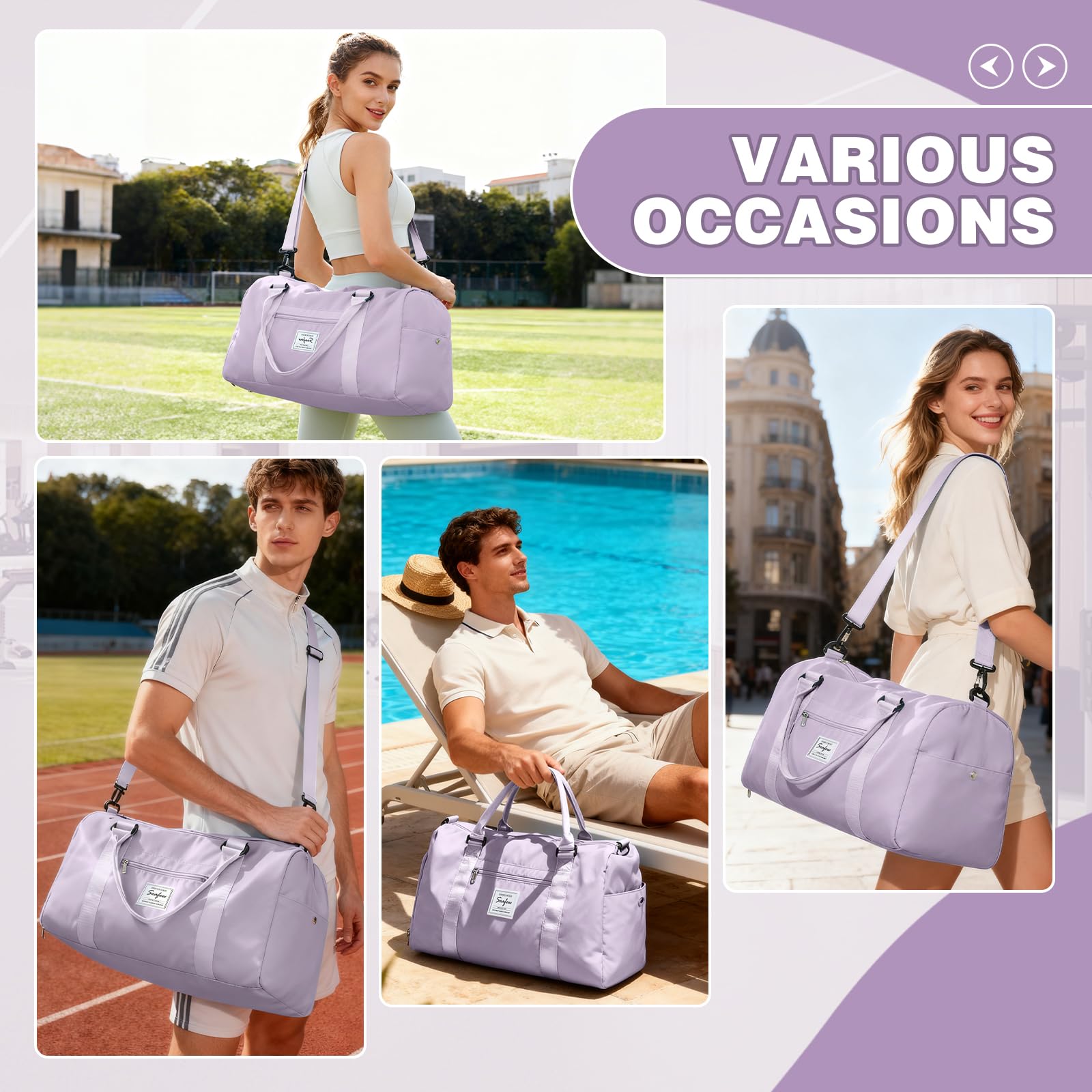 Sac de Sport Femme Homme Léger avec Compartiment Chaussures Poche Humide Duffle Bag Violet A11