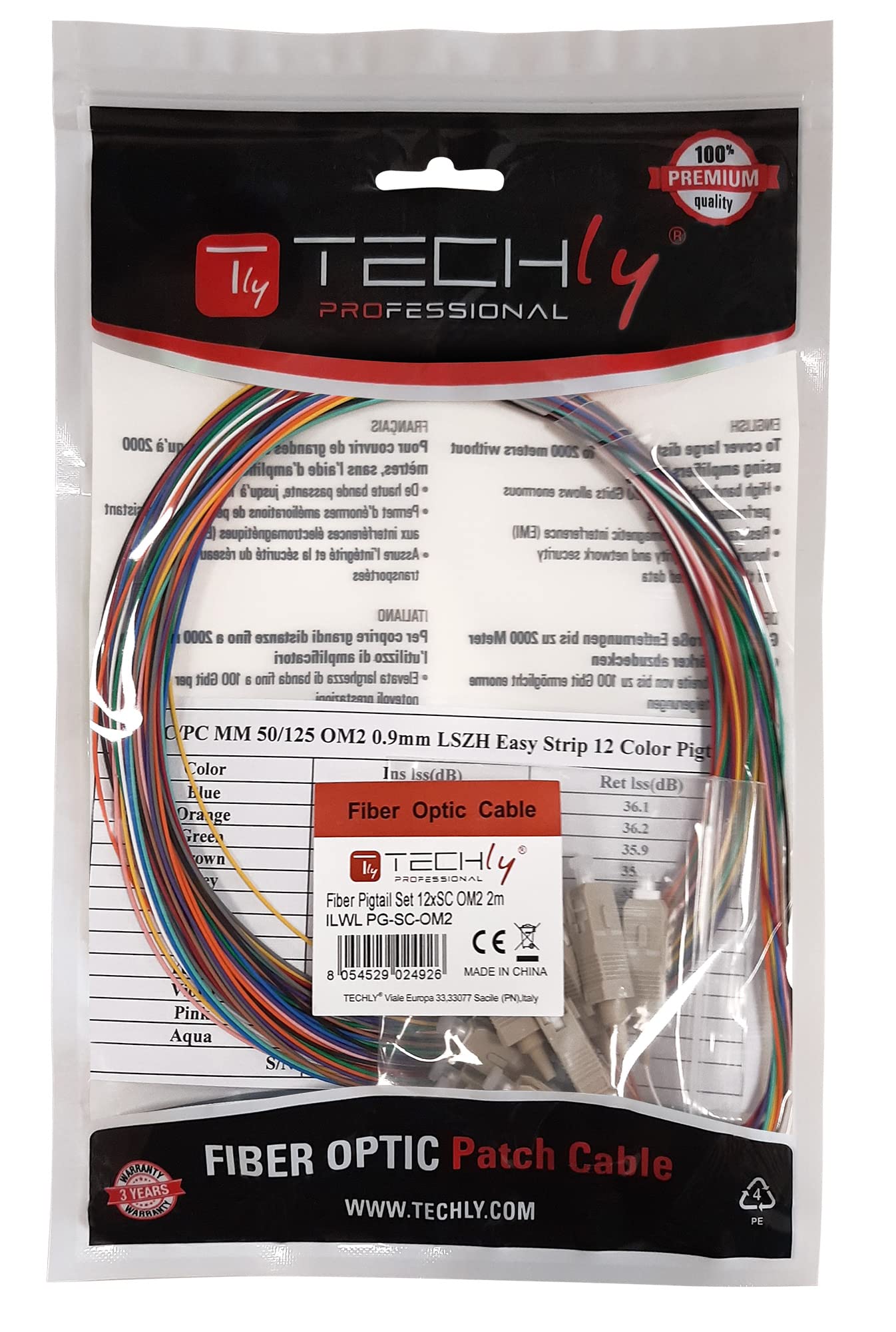 Techly Professional 024964 Set 12 Pigtail Fibre Optique Multimode OM4 SC 50/125 2 m Multicolore
