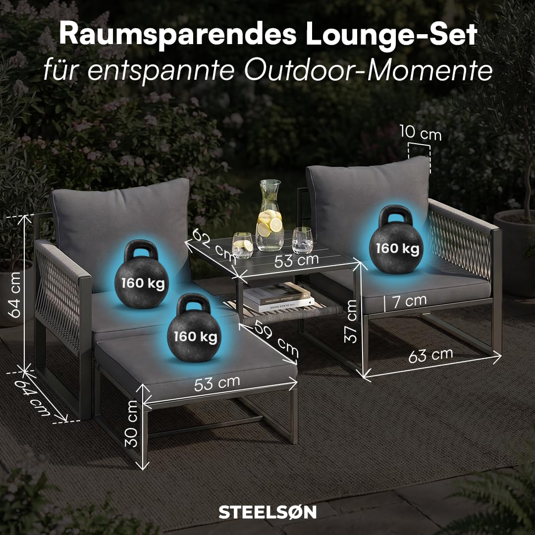 STEELSØN Tyranis Gartenmöbel Set Outdoor 4-TLG inkl. Tisch mit Ablage & Hocker – multifunktionales Balkonmöbel Set mit 6 Kissen – Sitzgarnitur Sessel für 4 Personen – dick gepolstert – Metall schwarz