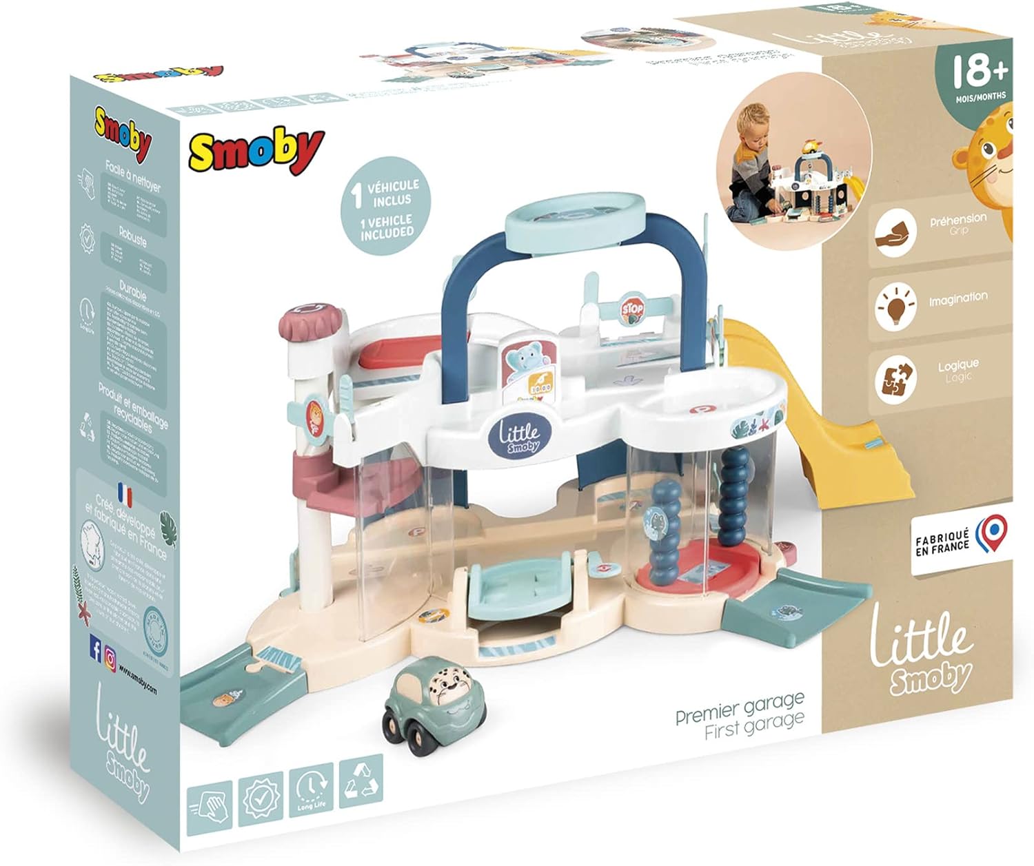 Smoby - Little Premier Garage - Wash, Lift, Heliport - 1 Car Included - from 18 Months - Made in France - 140202 - Multi-Coloured