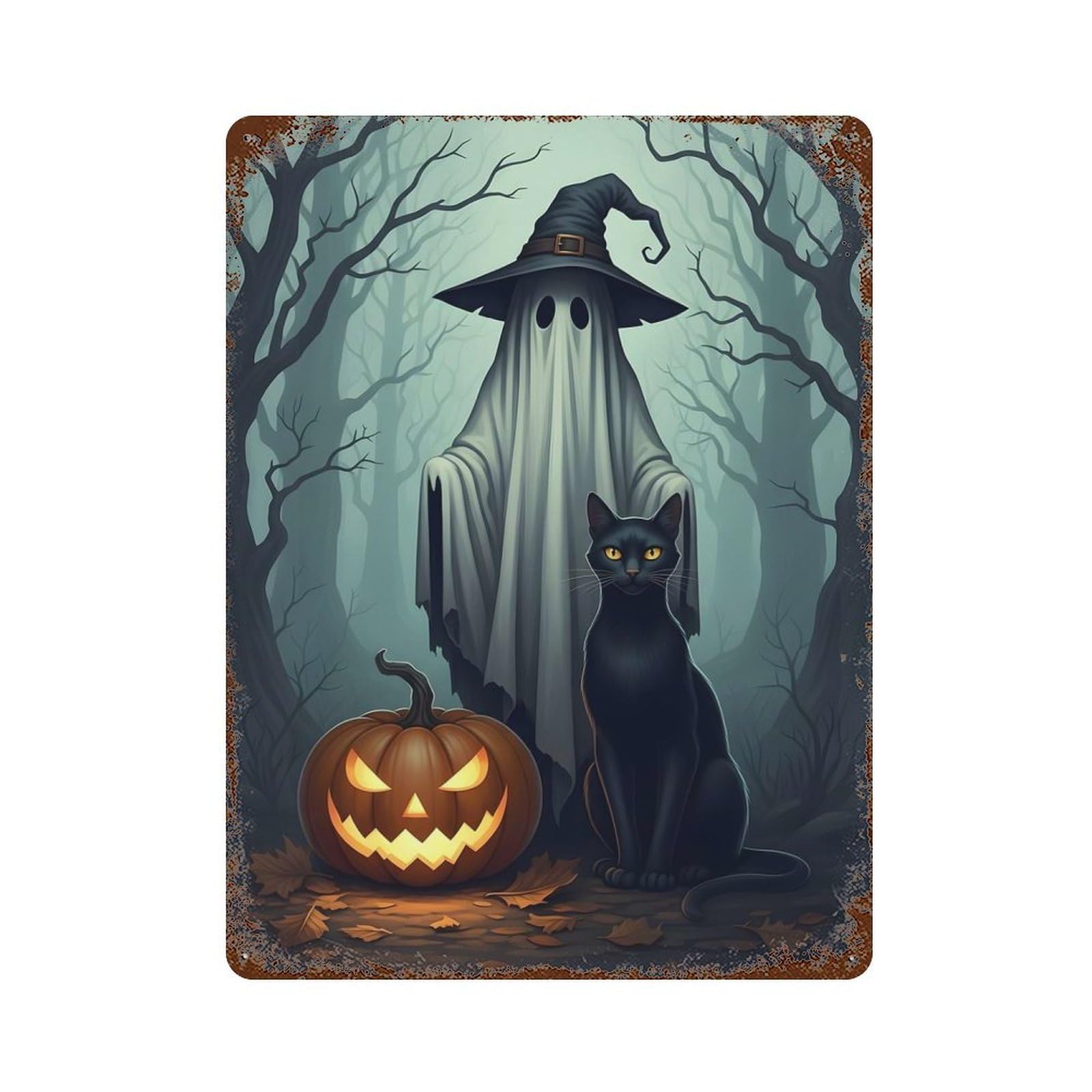 Garage Style Halloween Ghost, Cat, And Pumpkin Scene Vintage Rust Metal Sign 15.7"x11.8", Rustic Home Decor for Bar And Workshop