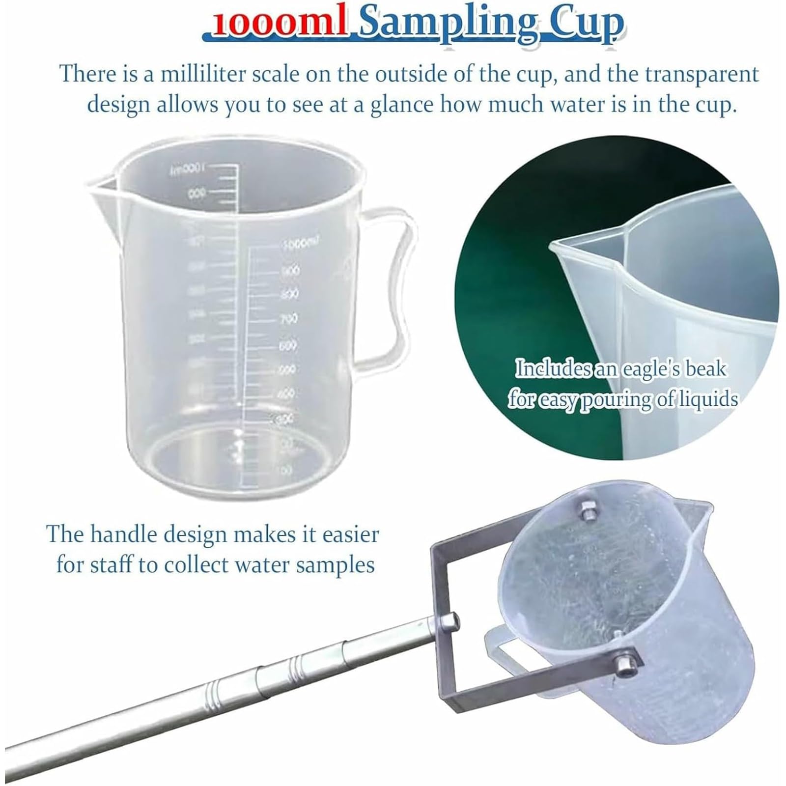 Ausziehbarer Wasserprobenentnahmestab mit abgestuftem Dipperbecher, 500/1000 ml Fassungsvermögen, ideal für Schlammproben, verstellbar, 1,5–7 m Länge, 500 ml