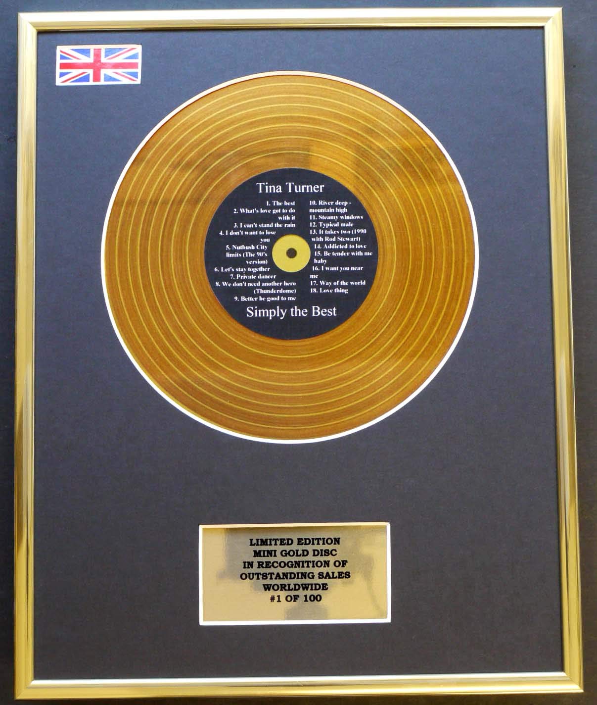 TINA TURNER/MINI GOLD DISC DISPLAY/LIMITED EDITION/COA/SIMPLY THE BEST
