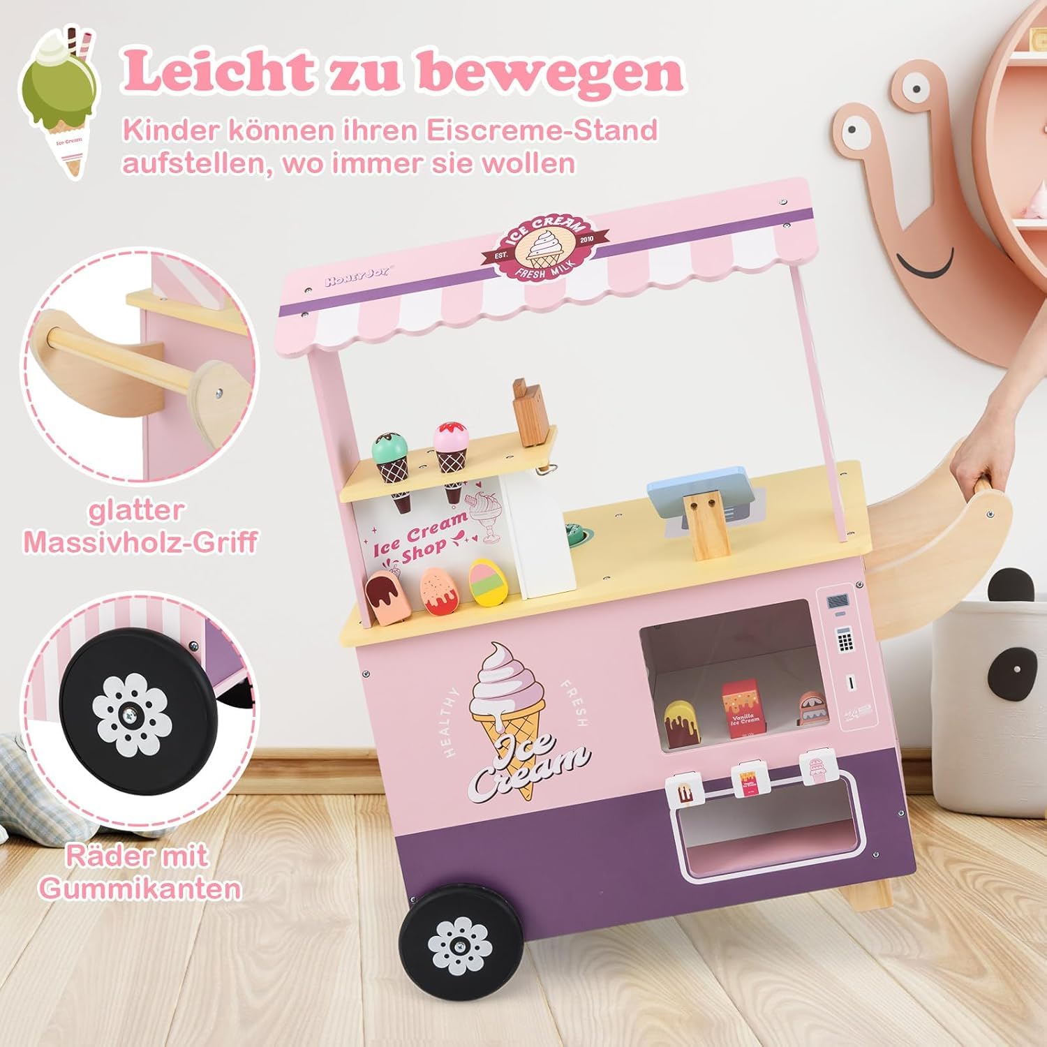 FANTASK Eiswagen Kinder Rosa mit 15 Zubehör, Kaufladen Holz mit Eismaschine & Kasse & Scanner & Verkaufsautomat, Kaufmannsladen & Eiscreme Spielzeug für Kinder ab 3 Jahren