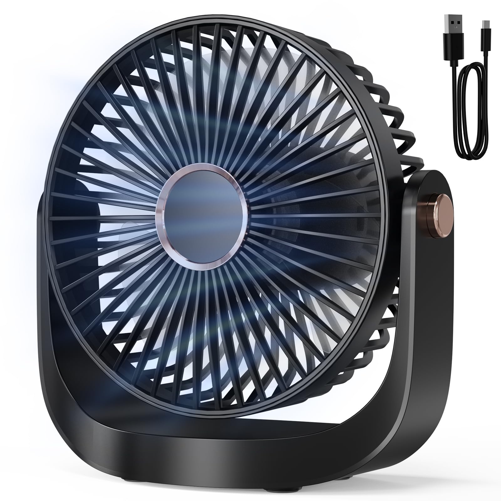 Ventilateur de Bureau Portable - 3000mAh Ventilateur de Table Silencieux USB avec Veilleuse,5 Vitesses,Jusqu'à 8h,Rotation à 360°,Faible Bruit 20 dB,Fan Sans Fil Rechargeable pour Maison Extérieur - 2