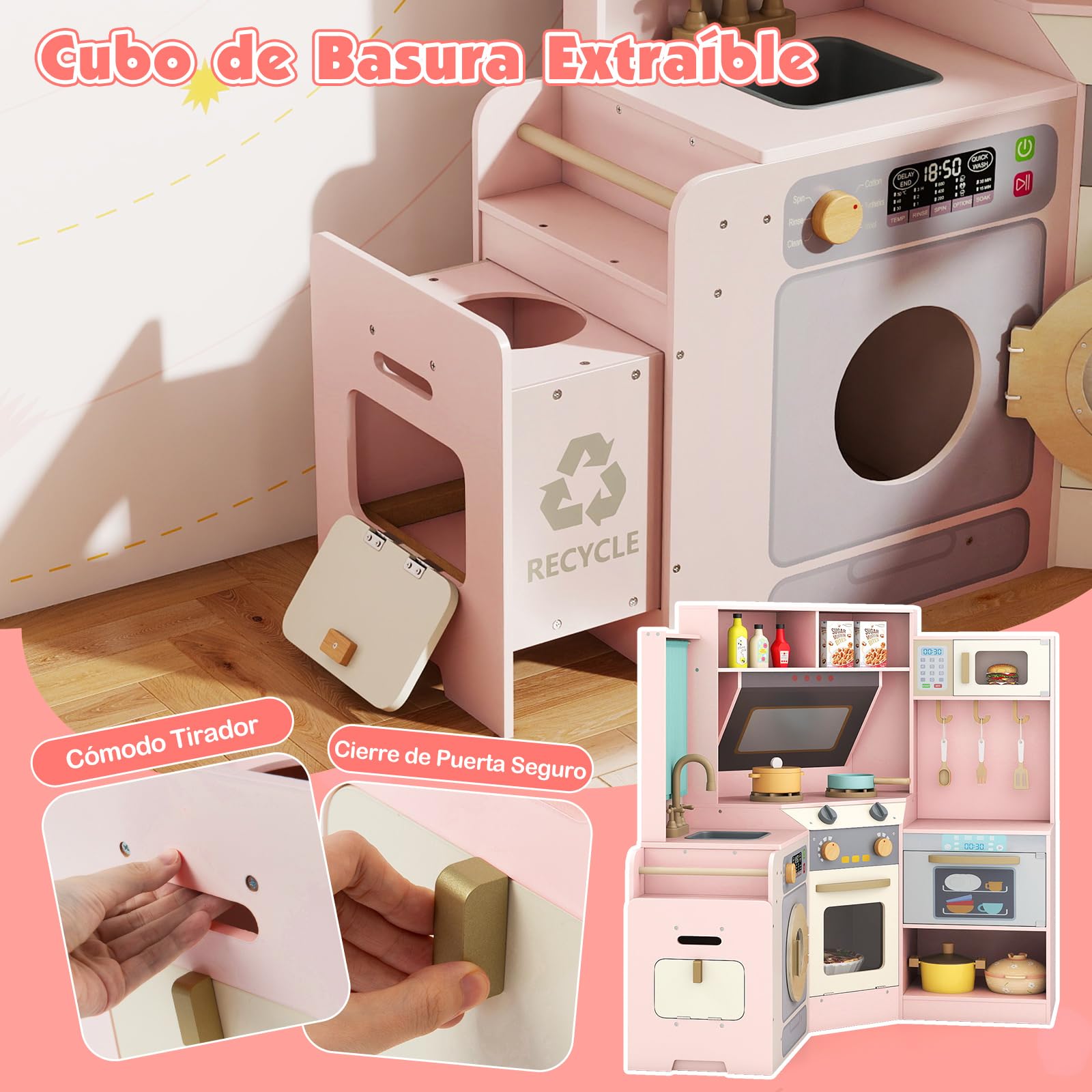 COSTWAY Cocina Juguete en Esquina con Luces y Sonidos, Cocina Infantil con Cubo de Basura, Cortina, Fregadero, Microondas, Horno, Lavadora y Accesorios, Cocinita Infantil para Niños de 3+ Años (Rosa)
