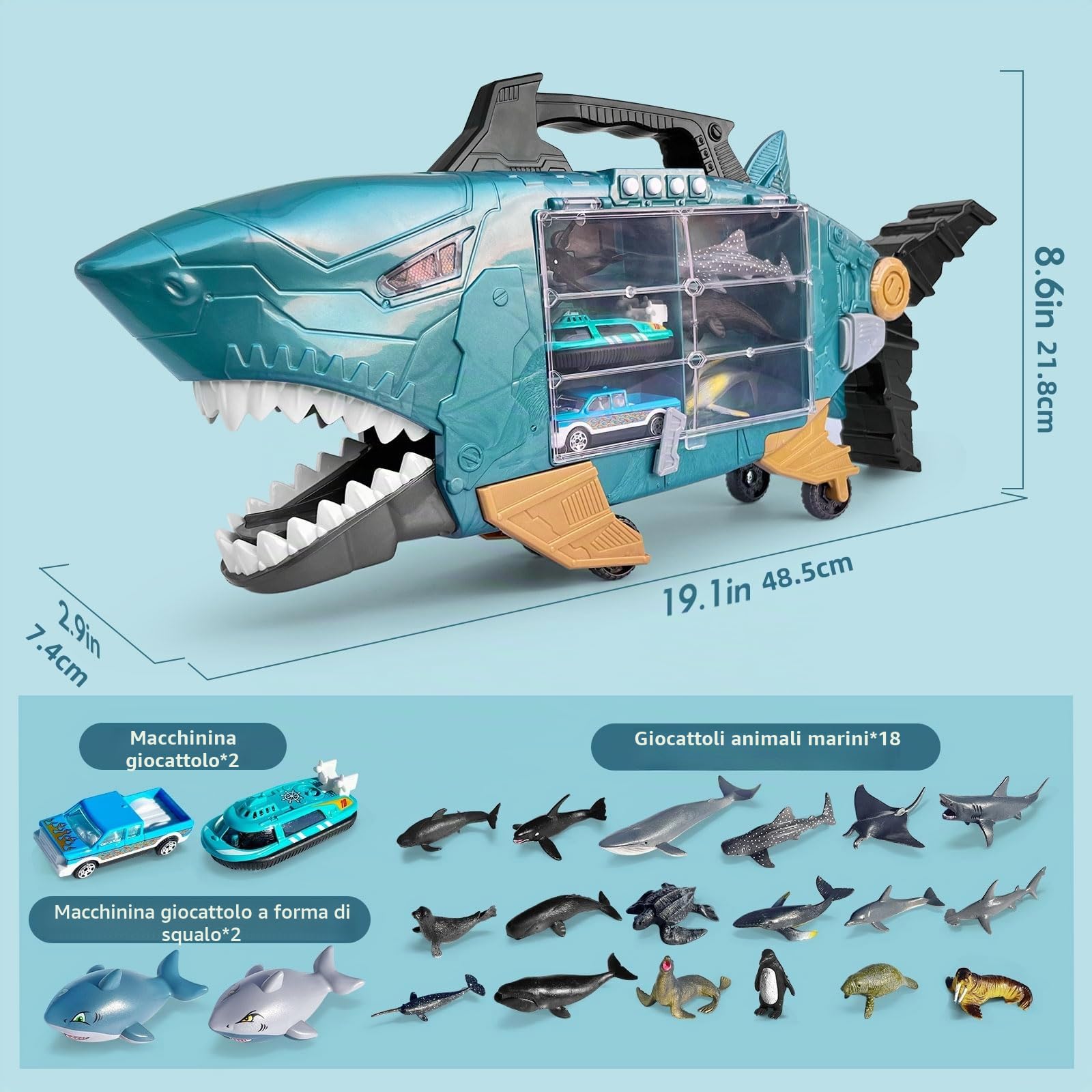 Shark Truck With LED and Music, Camion With 2 Squalo Auto, 18 Marine Animals and Toy Cars Inside