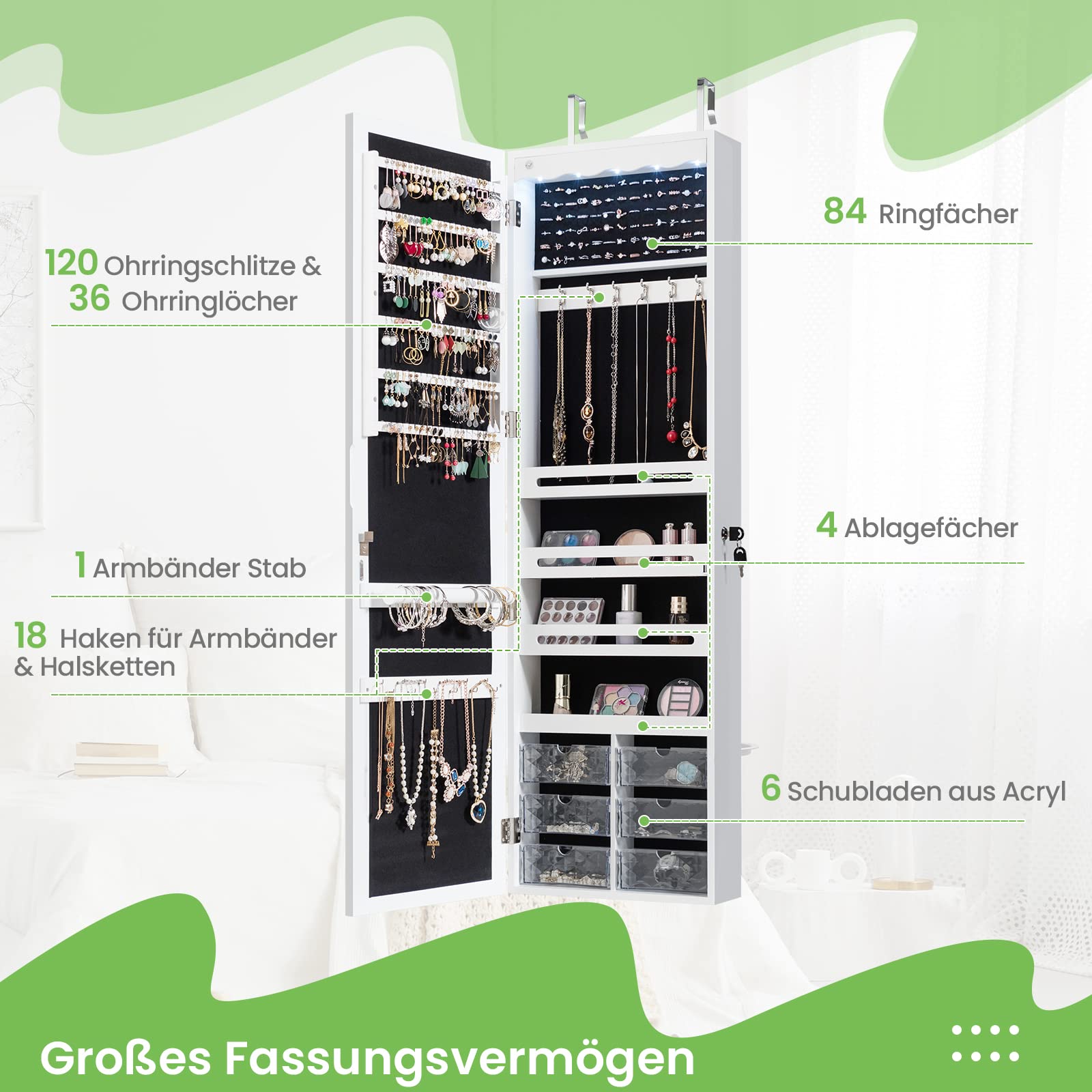 COSTWAY Schmuckschrank hängend, Sipegelschrank mit LED-Beleuchtung, Spiegel und 6 Schubladen, Hängeschrank für Tür- und Wandmontage, Schmuck Schrank für Schmuck & Kosmetik Aufbewahrung, Weiß