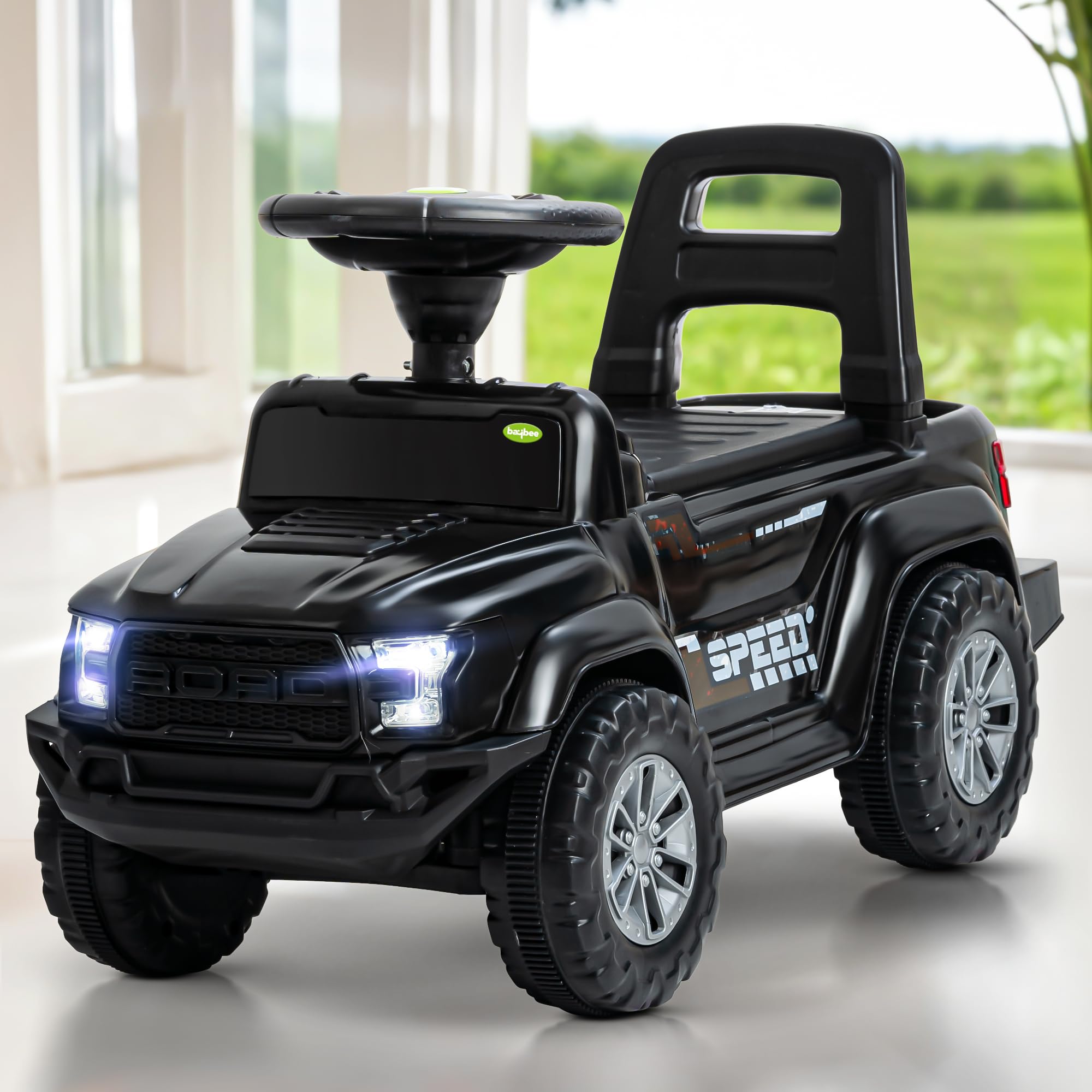 Baybee Roady Ride on Car for Kids | Portable RideOn Toy Cars with Backrest & Basket | Baby Push Rideon Jeep with LED Light & Music & Storage Basket | Baby RideOn Car for Kids 1-3 Years (Black)