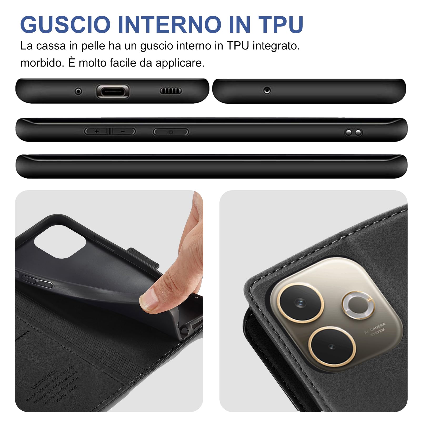 Giyer Cover per OPPO A5 Pro Custodia con Vetro Temperato, Premium Pelle PU Portafoglio Slot per Scheda RFID Antifurto Funzione Supporto Flip Case, Antiurto per OPPO A5 Pro 5G Cover (Nero)