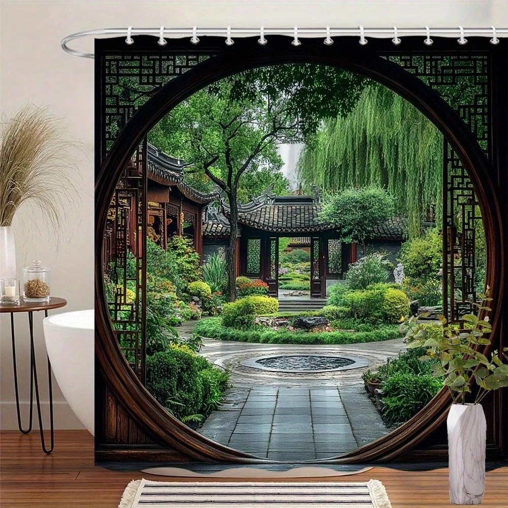 Glksdlpo Shower Curtain Round Frame Chinese Garden - Tranquil Asian Design With Stone Fountain, Wooden Pavilion Greenery Home Spa Decor(130X183cm/51X72in(Wxh)