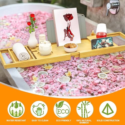 Miniatura 9 de Bandeja de bañera – Bandeja de baño expandible – Mesa de bañera para bañera, tamaño ajustable, se adapta a la mayoría de bañeras 2-Madera de bambú