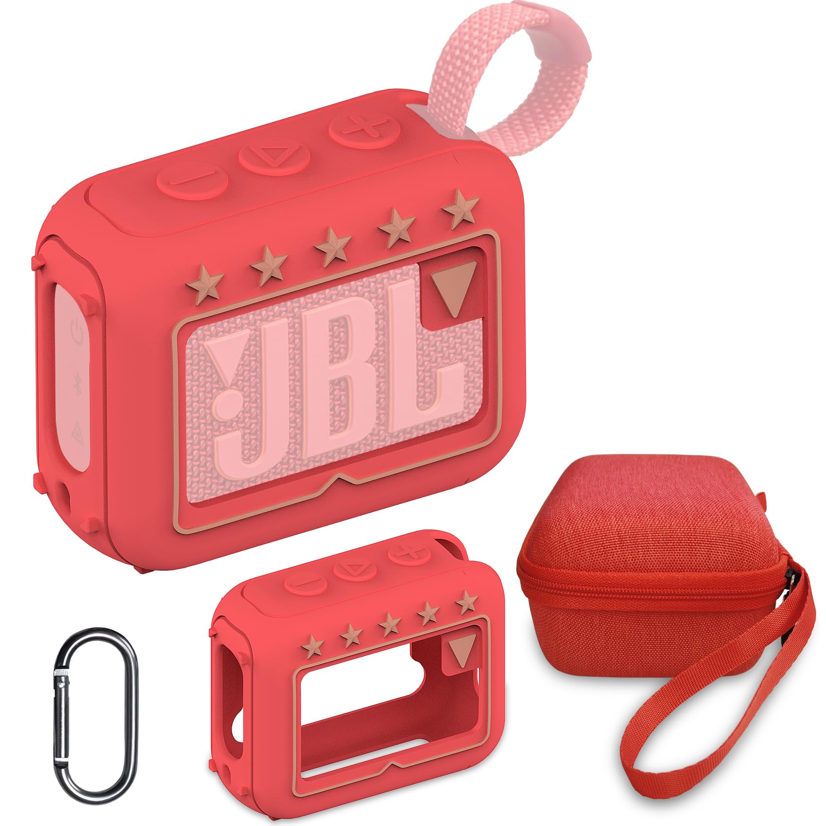 Silicone Cover and Hard Travel Case for JBL Go 4 Ultra Portable Bluetooth Speaker, Accessories for JBL Go 4 Pro Sound Bluetooth Speaker Stand Up Holder (Hard Case and Silicone Case) (Red Case)