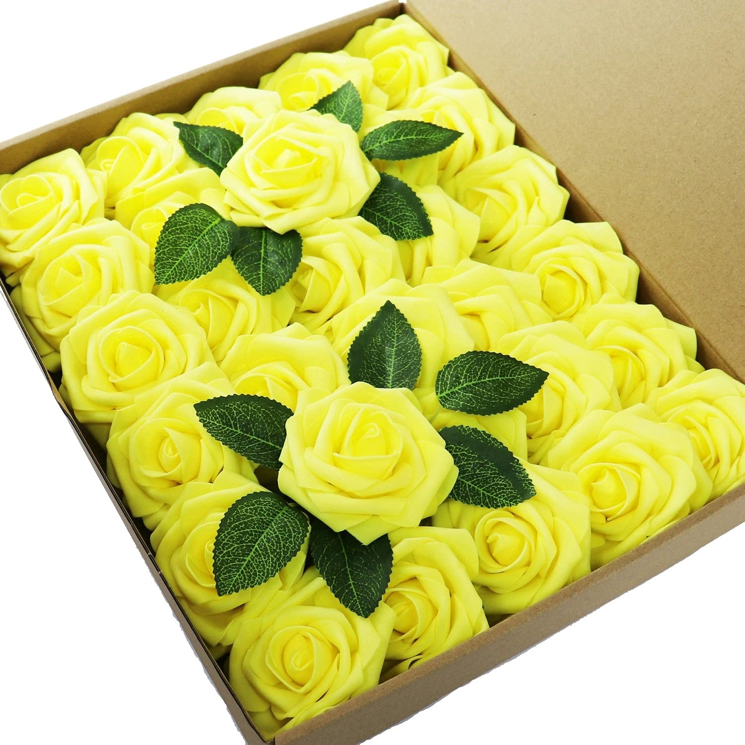 CODE FLORISTArtificial Foam Roses 20pcs with Leaves and Stems for Wedding Bridel Shower Bouquets Centerpieces,Handmade Floral Arrangements Party Baby Shower Tables Home Decor (Yellow)