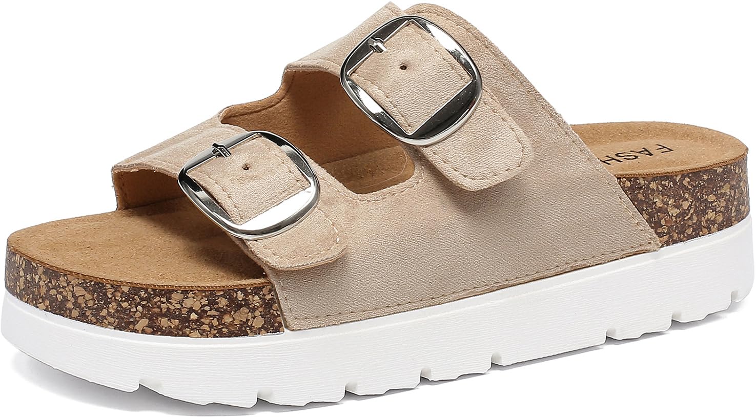 Ciabatte Estive Donna con Tacco Plateau Sandali con Plantare in Sughero Comodi Slide Doppia Fibbia Pelle Scamosciata Antiscivolo Pantofole Gomma Suole Pantofol Estiv