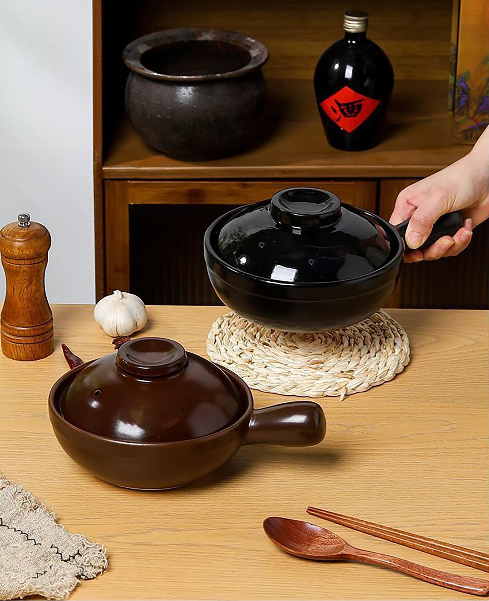 Pentola in ceramica con coperchio, pentola in argilla resistente al calore per Bibimbap, design robusto per pasti in famiglia