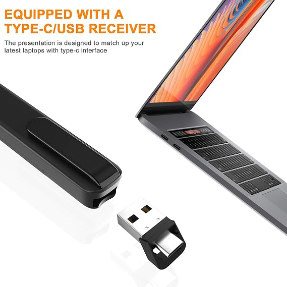 Wireless PowerPoint Presentation Clicker Remote, 2 in 1 Type C and USB A RF 2.4GHz PPT Presentation Presenter Laptop Clicker Pointer Slide Advancer with Hyperlink Volume Control