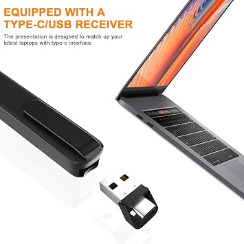 Wireless PowerPoint Presentation Clicker Remote, 2 in 1 Type C and USB A RF 2.4GHz PPT Presentation Presenter Laptop Clicker Pointer Slide Advancer with Hyperlink Volume Control