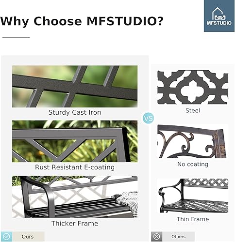 Miniatura 7 de MFSTUDIO Banco de jardín para exteriores de 43.7 pulgadas, marco de metal de hierro fundido para patio, bancos exteriores con respaldo de patrón