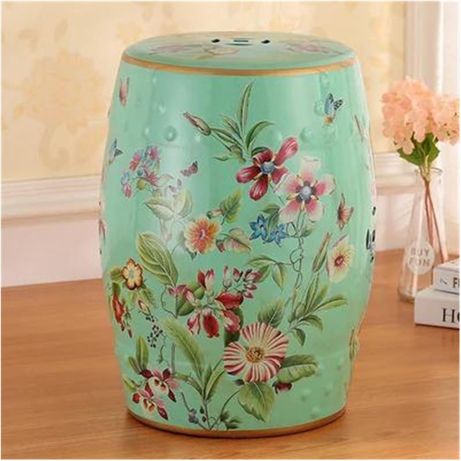 Decorative Garden Stools, Butterflies in The Flowers Classical Modern Style Ceramic Drum Stool(B)
