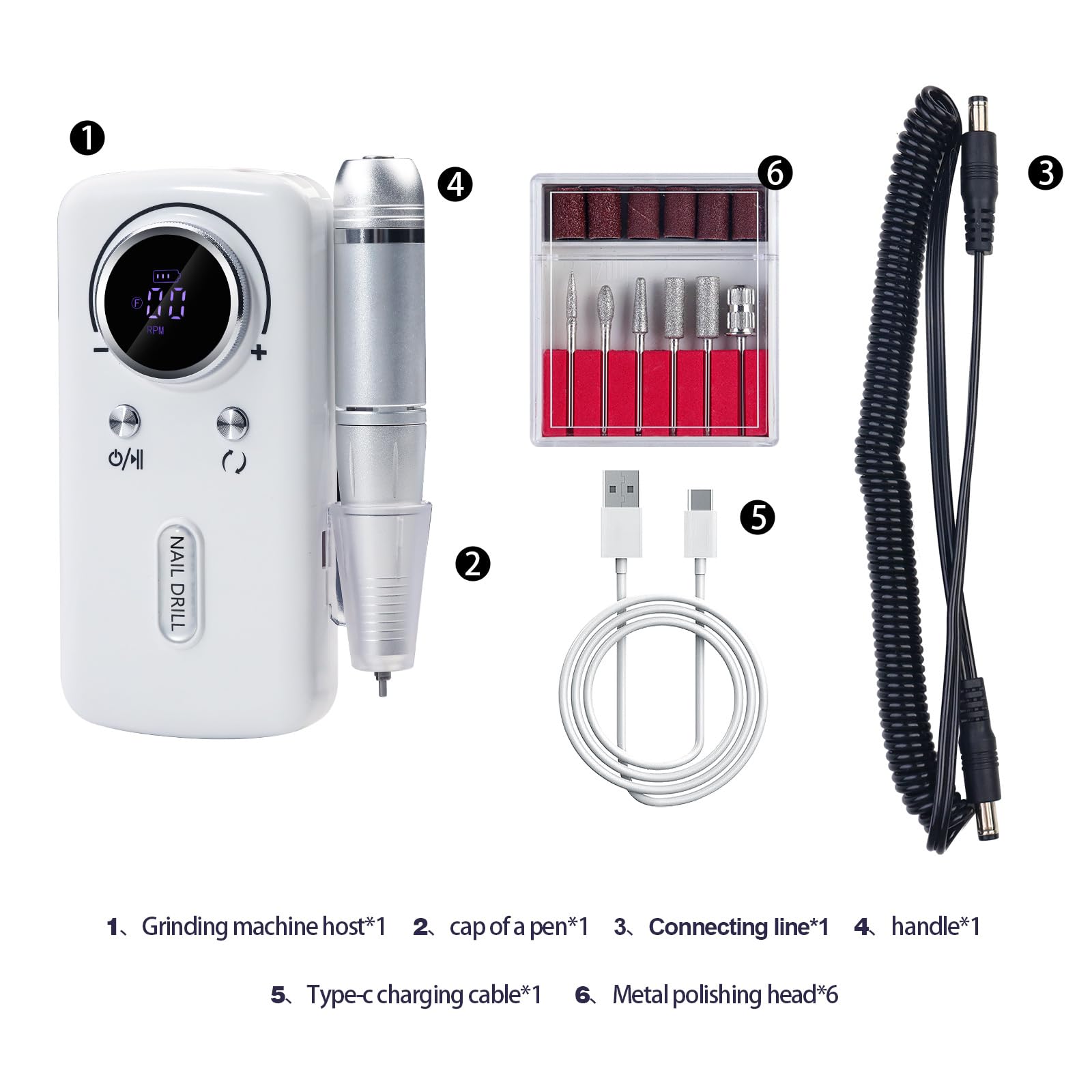 Torno Eléctrico para Uñas, 45000RPM Taladro para Uñas, Lima de Uñas Eléctrica Recargable, Drill para Uñas Profesional, con 6 Drill y Bandas de Lijado, para Acrílicos/Geles/Uñas Naturales