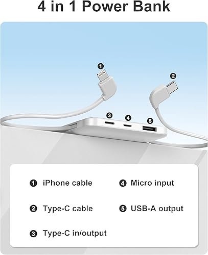 Miniatura 7 de miisso Cargador portátil 10000mah construido en el banco de energía de los cables, blanco