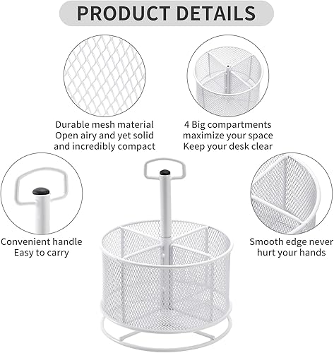 Miniatura 4 de Marbrasse Organizador de escritorio de malla, soporte multifuncional giratorio de 360 grados, 4 compartimentos, organizador estacionario de