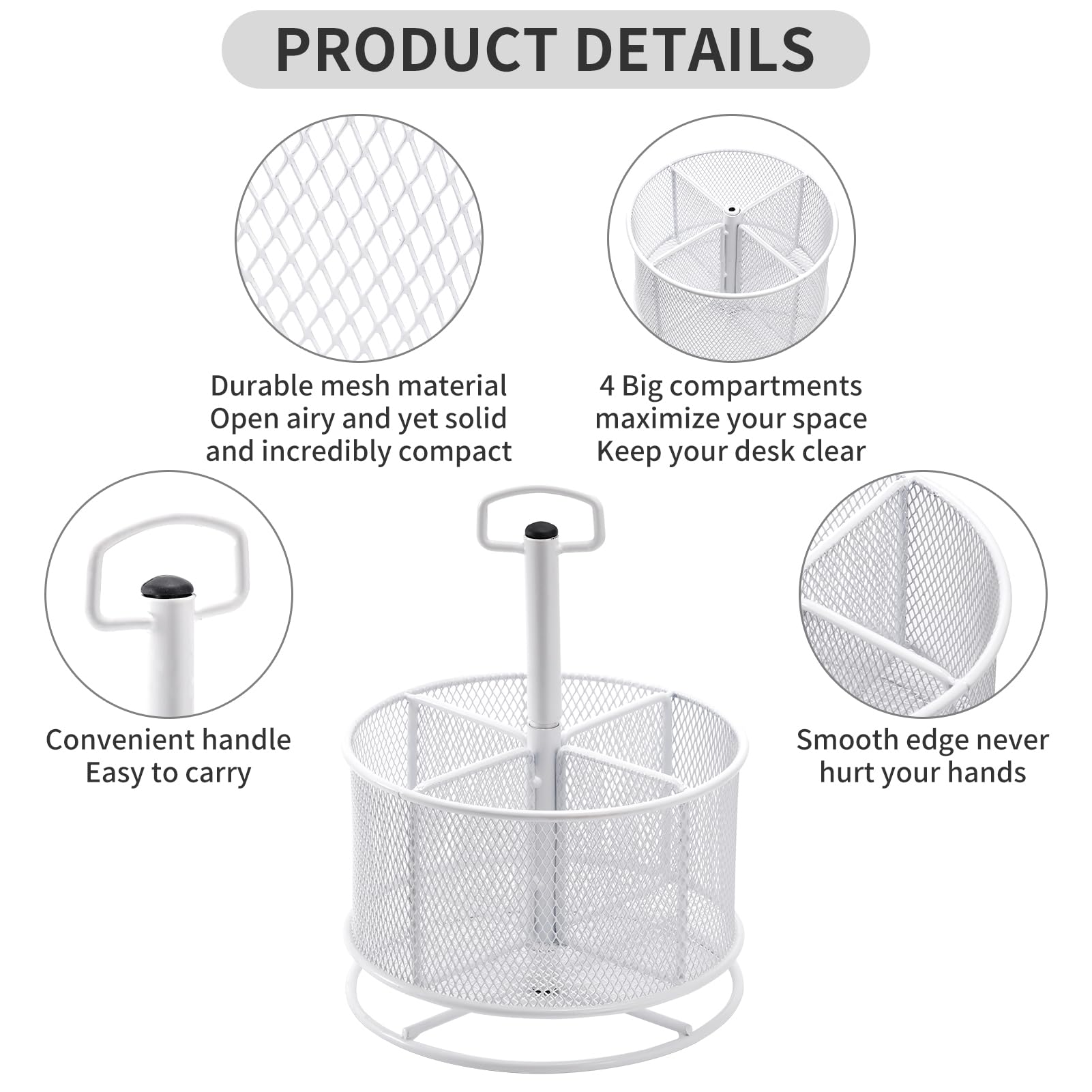 Marbrasse Organizer da scrivania in rete, portapenne multifunzione rotante a 360 gradi, 4 scomparti, organizer per cancelleria da scrivania, per casa e ufficio, scatola portaoggetti (bianco)