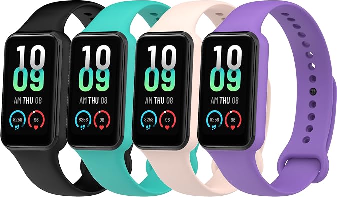 4PACKS Watch Bands Compatible with Amazfit Band 7 Strap,Silicone Metal Buckle Adjustable Wristband Bracelet Sport Strap for Replacement