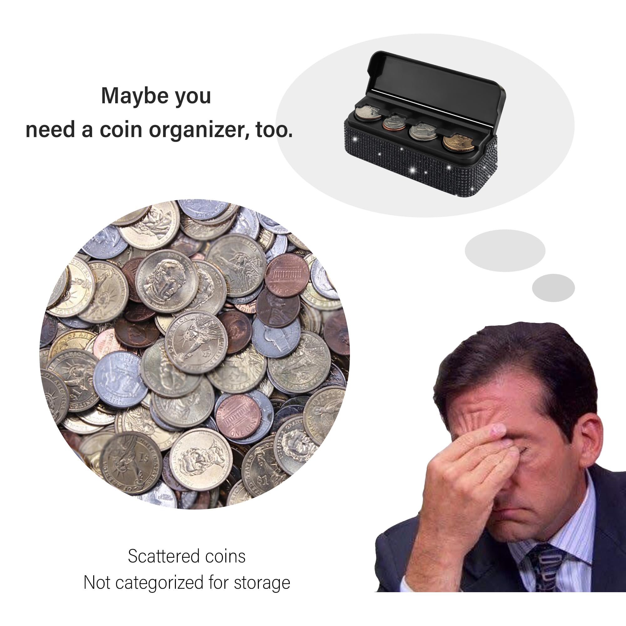 Amazon.co.jp: carleef キラキラコインホルダー 車用 4つのコンパートメント カーオーガナイザー ラインストーン付きストレージ  クォーター/ニッケル/ペニー/ダイムに対応 ユニバーサルコインオーガナイザー 車 トラック SUV用 (ブラック) : 車＆バイク