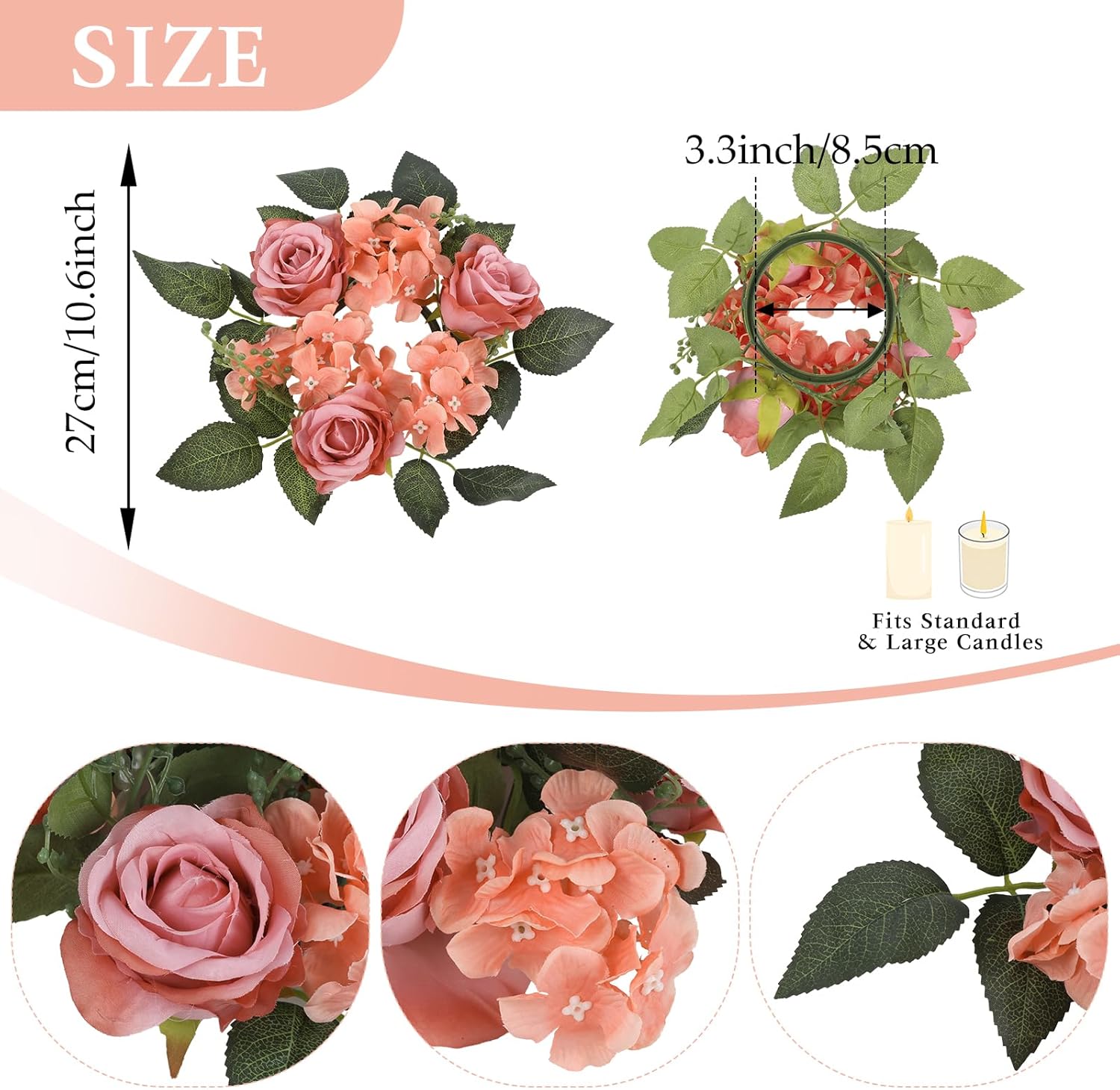 4pcs Flower Candle Rings Wreaths, Silk Roses Hydrangea Artificial Flowers Candle Wreaths Rings for Table Centerpieces Wedding Valentine's Day Party Decor(Dusty Pink)
