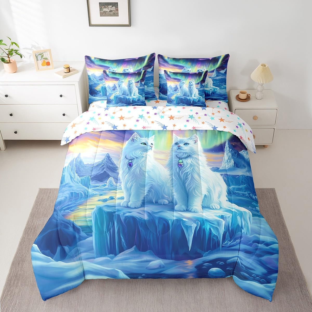 7 Pieces Queen Size Kawaii Cat Comforter Set,Starry Sky North Pole Lights Dreamy Bedding Set for Boys Girls,Cute Animals Pets Rustic (Comforter+Fitted+Flat Sheet+2 Pillowcases+2 Throw Pillow Covers)