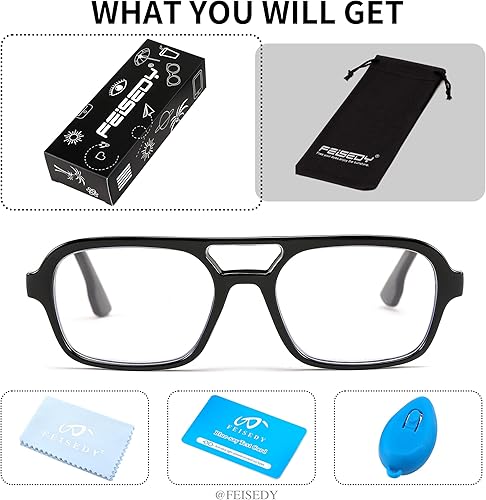 Miniatura 6 de FEISEDY Gafas de lectura retro cuadradas con bloqueo de luz azul para mujeres y hombres de los años 70, anteojos planos de aviador antifatiga para