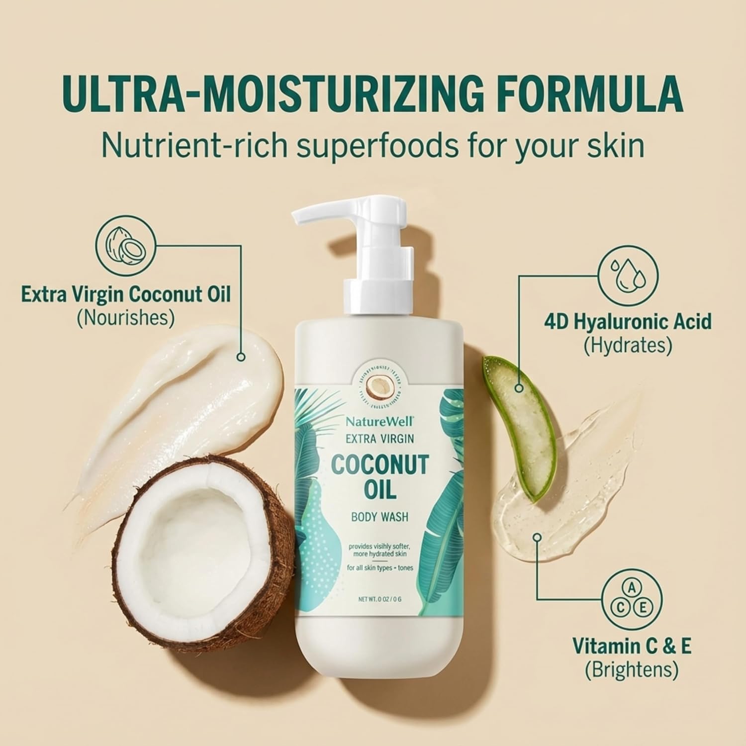 NATURE WELL Extra Virgin Coconut Oil Ultra-Moisturizing Body Wash, Gentle & Creamy Formula Packed with Antioxidants, Vitamins A, C & E, & Squalane, Provides Gentle Cleansing & Intense Hydration, 33 oz
