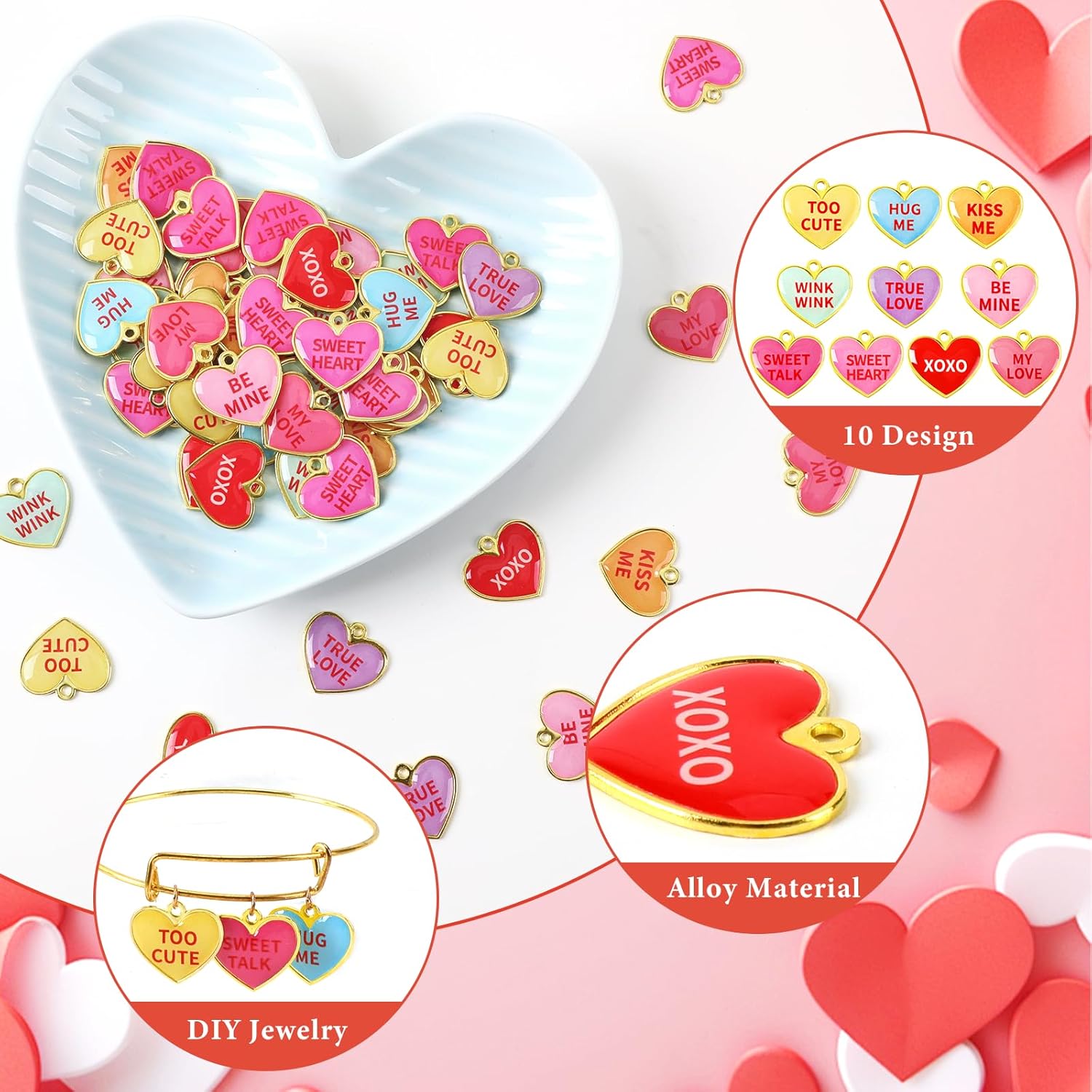 60 Pcs Valentine Charms, Valentines Day Heart Conversation Candy Alloy Charms, Heart Pendants for Jewelry Making Bracelets Necklace DIY, Colorful Valentine's Gift - Image 3