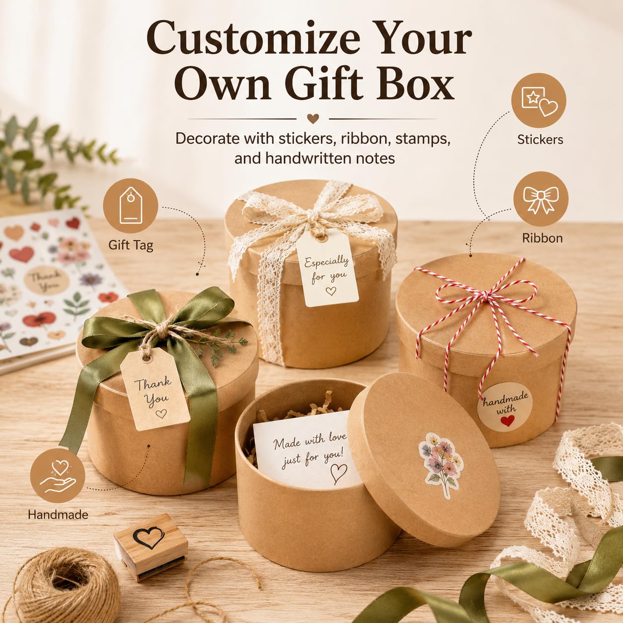 Paquete de 5 cajas redondas de papel kraft para galletas con tapas, contenedor circular de cartón de 5.5 pulgadas para embalaje de postres, soportes vacíos de papel maché para cupcakes, panadería