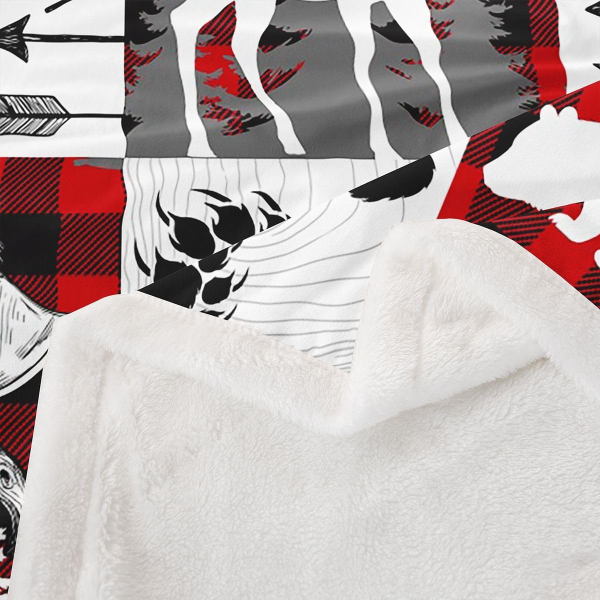 Erosebridal Rustic Animal Fleece Bed Blanket Twin 60"X80",Hunting Bear Deer Throw Blankets for Kids Boys Men Green Black Plaid Check Cabin Sherpa Blanket,Farmhouse Wooden Wildlife Flannel Blanket