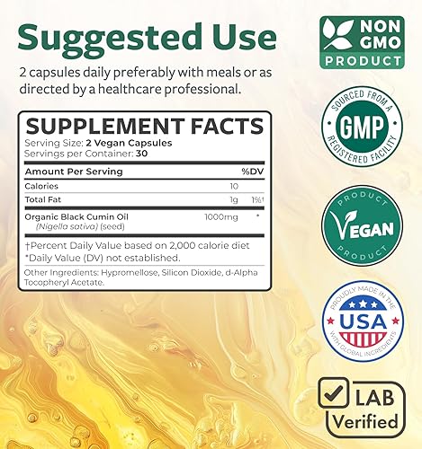 Miniatura 5 de Aceite de semilla negra  60 cápsulas de cápsulas blandas (sin OMG y vegano) Premium prensado en frío Nigella Sativa que produce aceite de semilla de