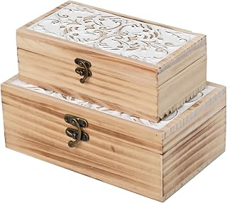 Wooden Storage Box Set of 2 - Hand Carved Floral Decorative Boxes | With Hinged Lids - Solid Pine Keepsake Organizer for Jewelry, Photos, and Rustic Farmhouse Home Décor