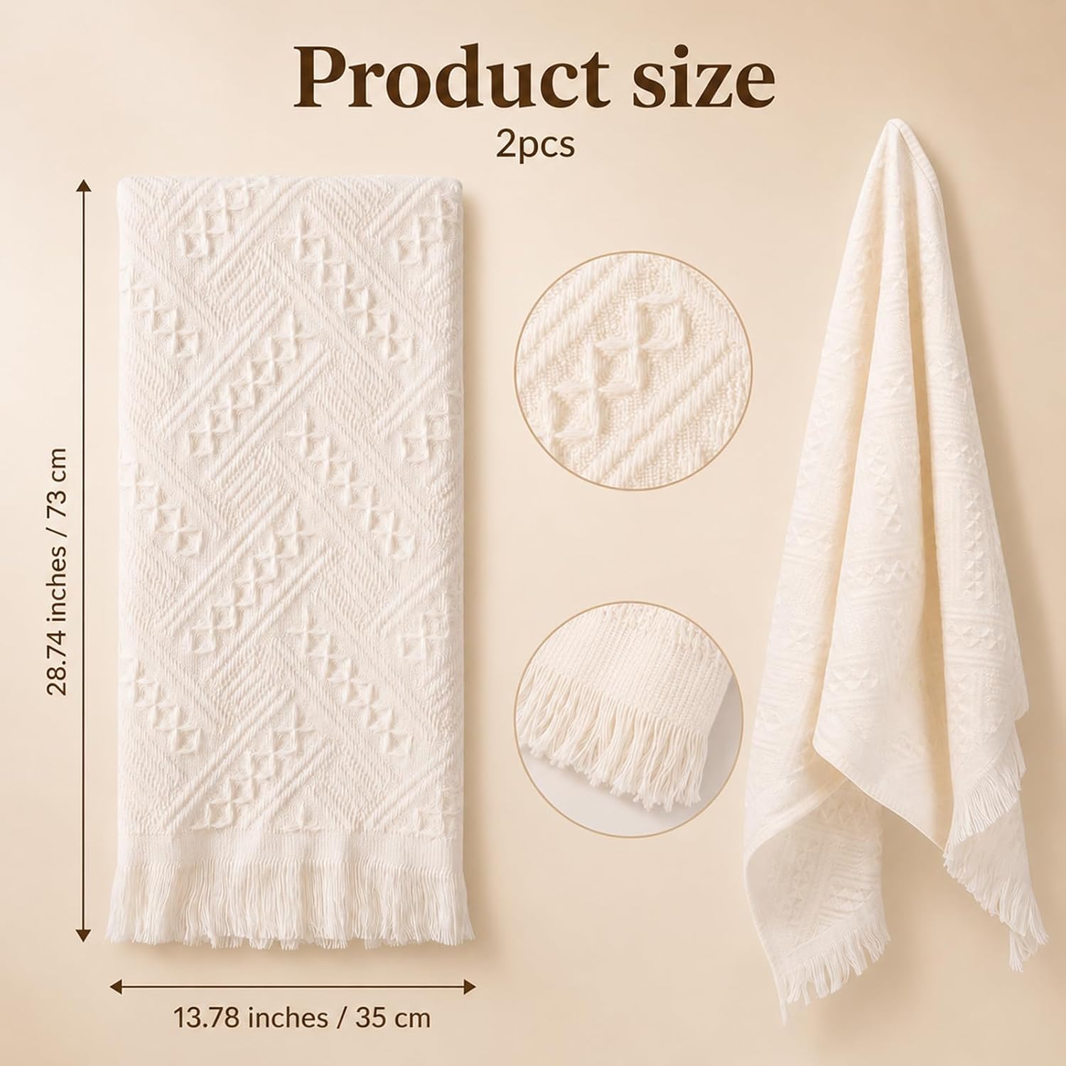 2 PCS Boho Hand Towels 14 × 30 Inch Bathroom Hand Towels Decorative Set | Soft absorbent machine washable for bathroom, kitchen, guest room hotel farmhouse (cream white)