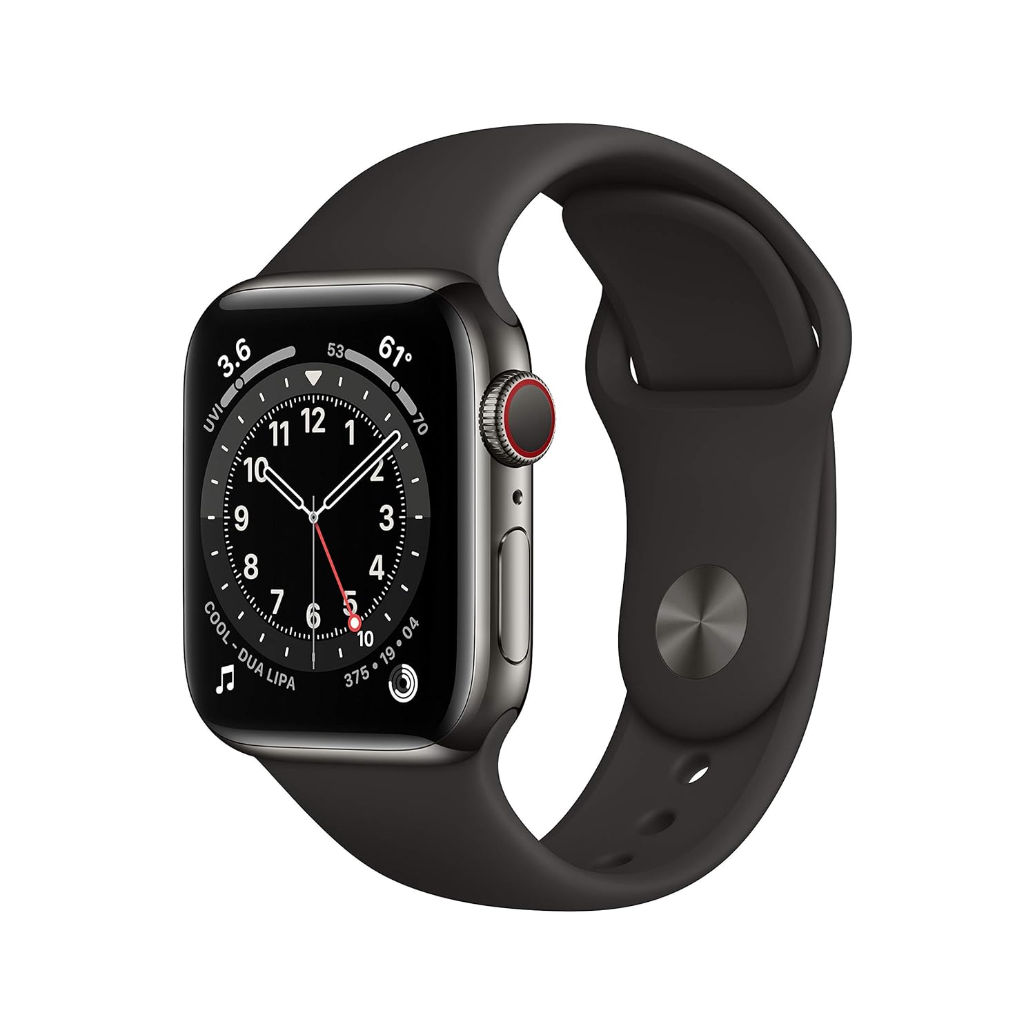 Apple Watch Series 6 GPS Cellular 40mm - Graphite Stainless Steel Case with Black Sport Band Renewed