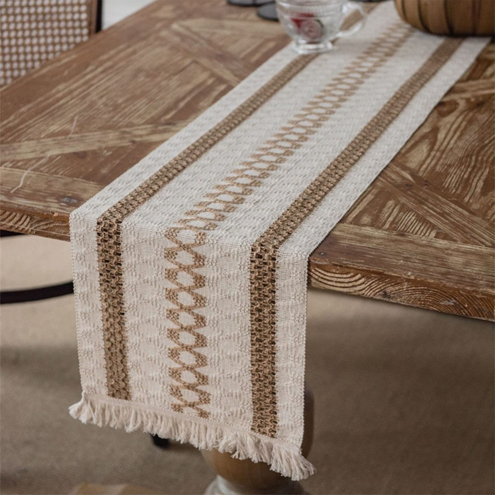Camino de mesa de macramé de arpillera estilo bohemio, camino de mesa tejido de algodón y lino rústico con borlas para comedor, boda, despedida de soltera, bohemio (12 x 72 pulgadas, líneas de café)