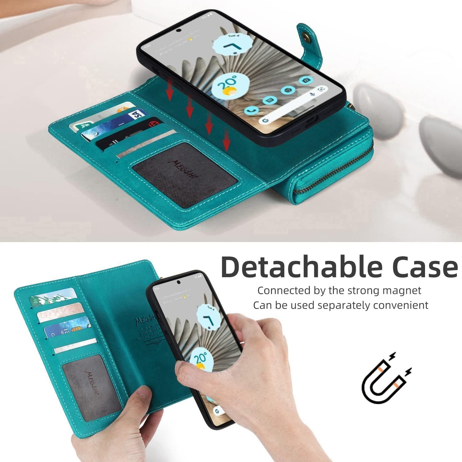 Detachable 2 in 1 Wallet Case for Google Pixel 9 Pro XL with Detachable Wrist Strap,Crossbody Shoulder Strap,9+ Card Slots Zipper Purse,Stand Phone Cover for Pixel9 9Pro 9ProXL Nine Blue