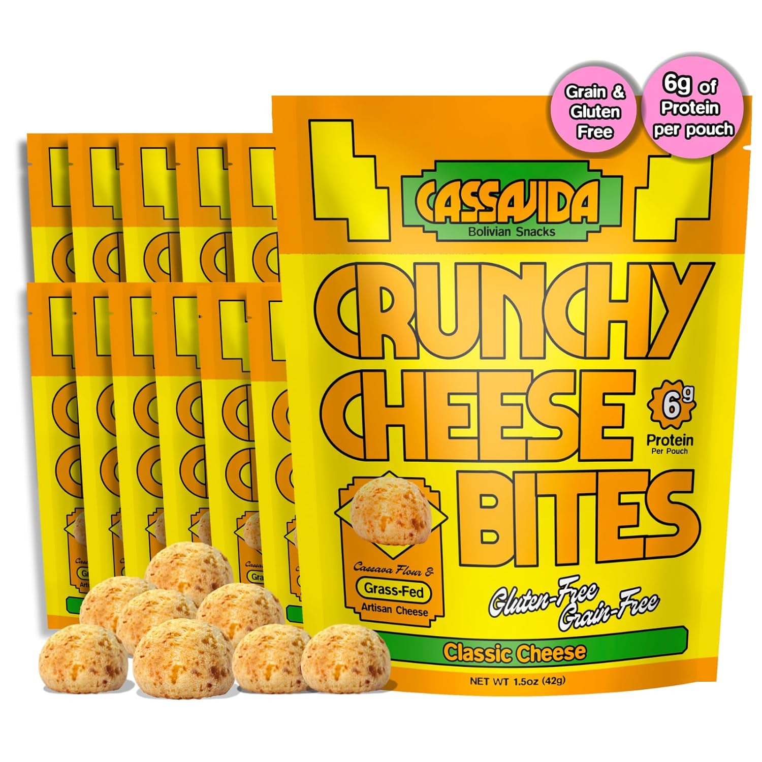 Cassavida Crunchy Cheese Bites – Classic Cheese Flavor – Gluten-Free Snack with Cassava & Grass-Fed Cheese – Grain Free, Baked, No Seed Oils (1.5 Ounce (Pack of 12), Classic Cheese)