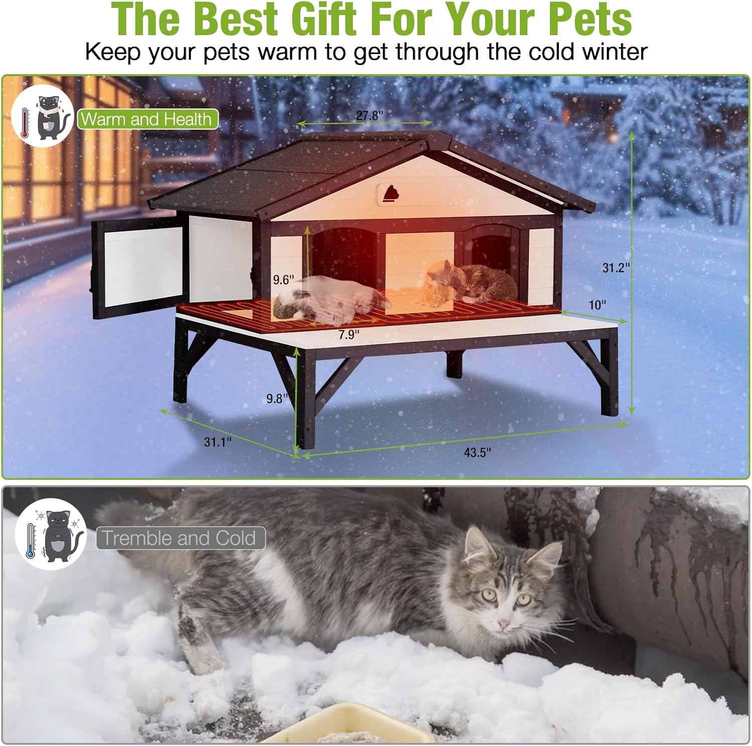 GUTINNEEN Heated Outdoor Cat House for Outside Weatherproof Insulated Feral Cat Shelter for Winter with Heater and Thermal Liner, Four Escape Doors and Anti-Chewing Cable for Multiple Cats, 43.5" L