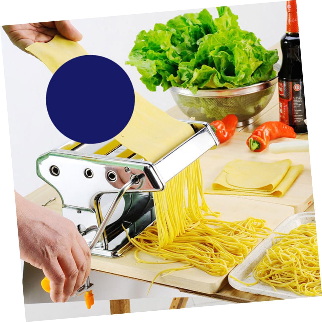 Stainless Steel Manual Pasta Maker Handheld Noodle Roller with Crank Handle for Fresh Spaghetti Lasagna Tagliatelle and Vermicelli Compact Versatile Kitchen Tool for Home Cooking