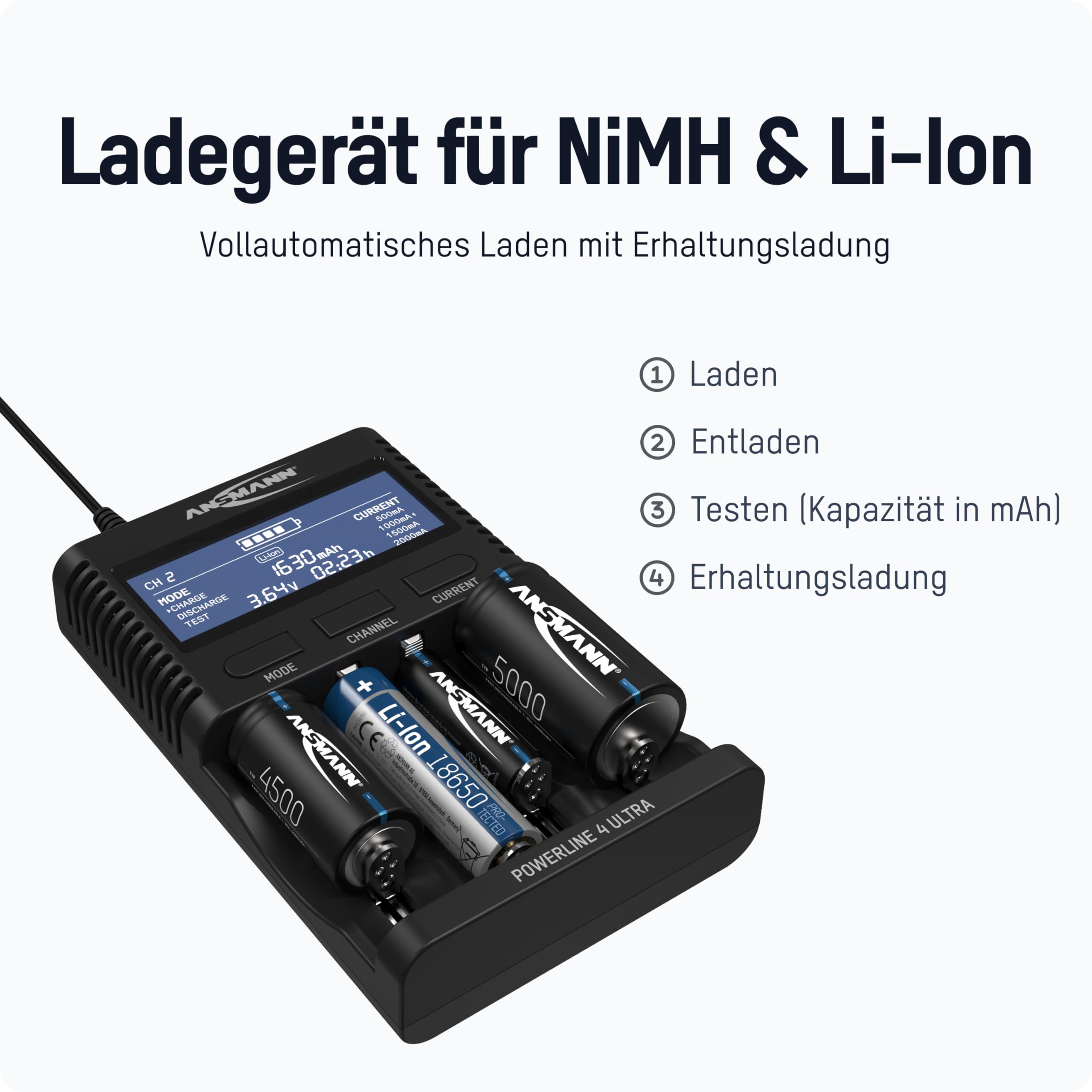 ANSMANN Akku-Ladegerät für 1-4 NiMH & Li-Ion Akkus AAA AA C D LCD-Display | Powerline 4 Ultra Profi-Akkupflegestation, USB-Ladeport für Smartphone, 4 Ladeprogrammen und Einzelschachtüberwachung